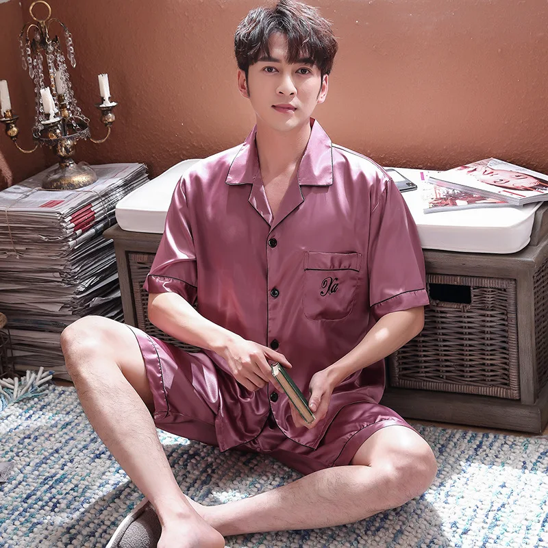 QWEEK/ корейская версия, шелковые пижамы с короткими рукавами для пары, кардиган, женская ночная рубашка, летняя Домашняя одежда, комплект пижам из двух предметов - Цвет: M xiangpi