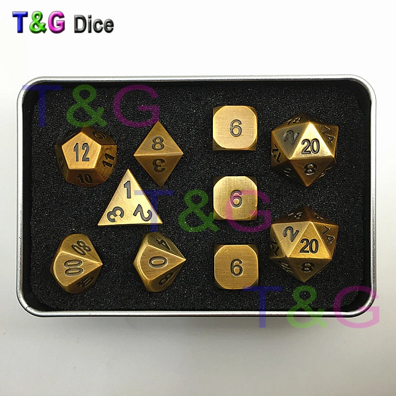 

Gold-copper Color Metal Alloy Dice d4 3xd6 d8 d10 d12 2xd20 with Iron Box for Family Game Gift 10pcs/set
