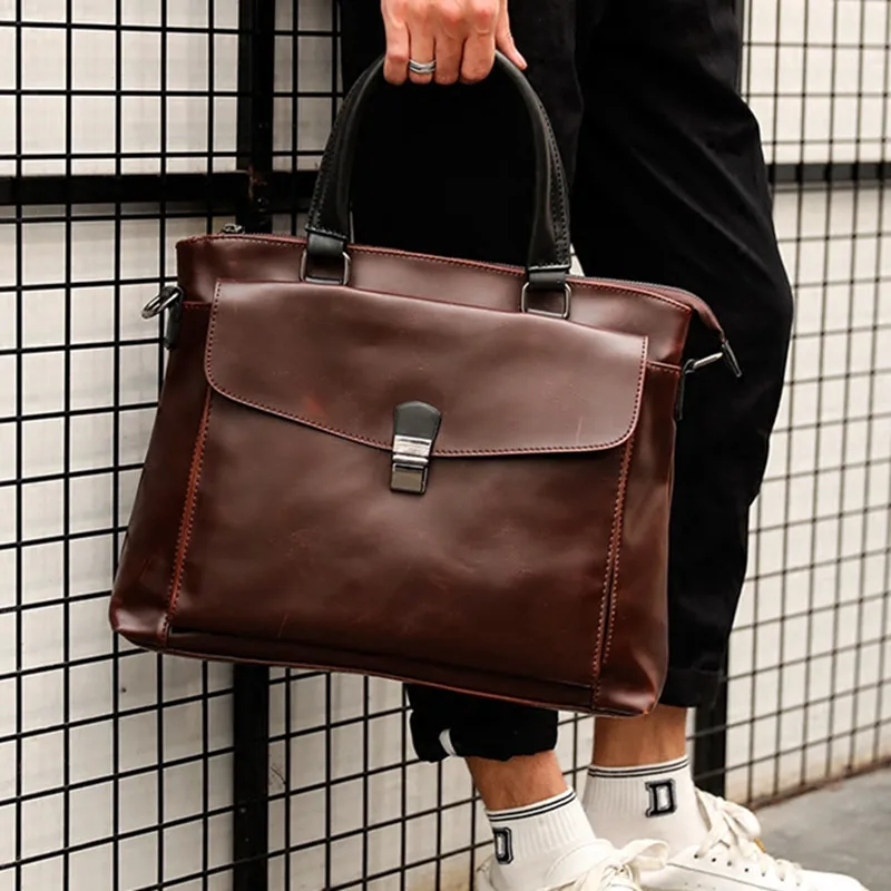 

2017 Men 13 Inch Laptop Briefcase Bag Crazy Horse Leather Vintage Business Bag With Sholder Belt