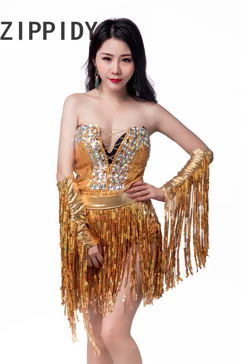 New Sexy Gold Bright Sequins Tassel Bandage Strapless Bodysuit Female Singer Bar Ds