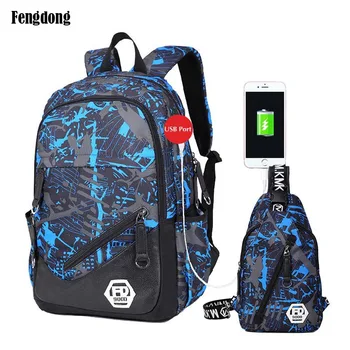 

Fengdond External USB Charge Men's Backpacks Travel Male Laptop Bag 15.6 Inch College School Bags High School Backpacks For Boys