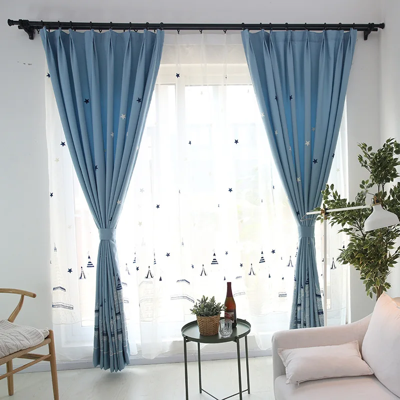 Средиземноморский современный корейский мультфильм синий замок звезды вышитые шторы отвесный тюль для детской комнаты спальни окна мальчик девочка