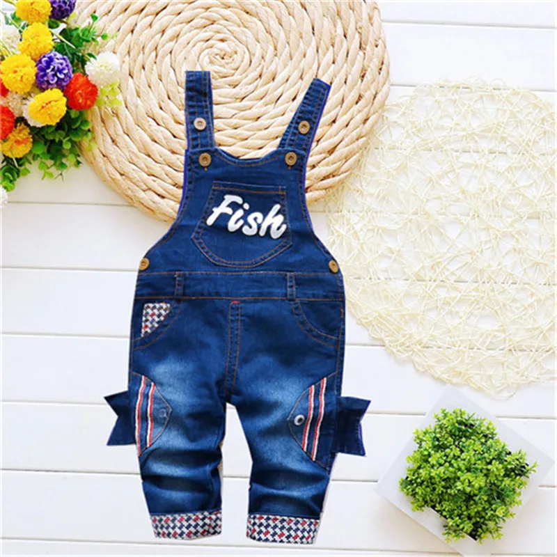 

BibiCola New Arrived Baby Boys Girls Jeans Overalls Toddler Kids Cartoon Fish Pocket Denim Rompers Bebe Jumpsuit For Baby