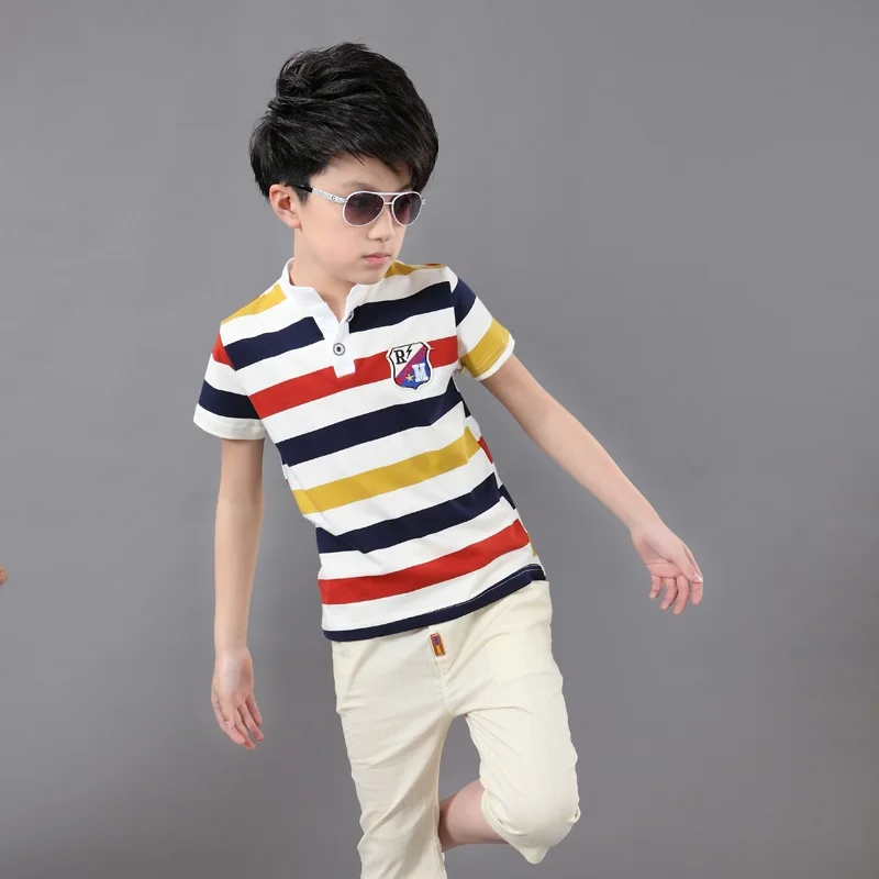 Летний костюм с короткими рукавами для мальчиков детская хлопковая футболка в полоску+ шорты комплект одежды из 2 предметов для мальчиков-подростков - Цвет: 3