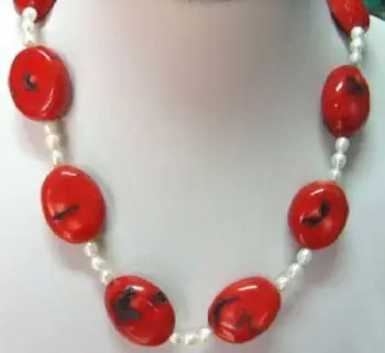 

FREE shipping> >>>>Fashion 5-6MM Real Rice White Akoya Cultured Pearl/Red Coral Pendants necklace