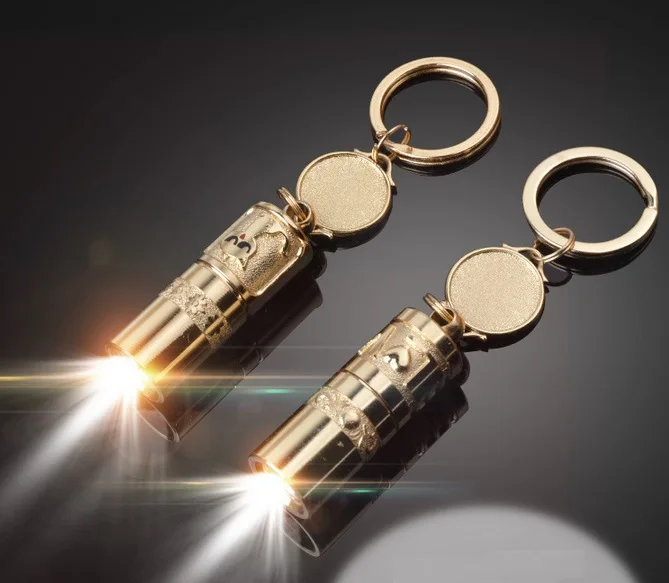 (12pcs/lot) Golden Mini Keychain Flashlight Alloy Decorative Mini LED Electronic Lampin LED