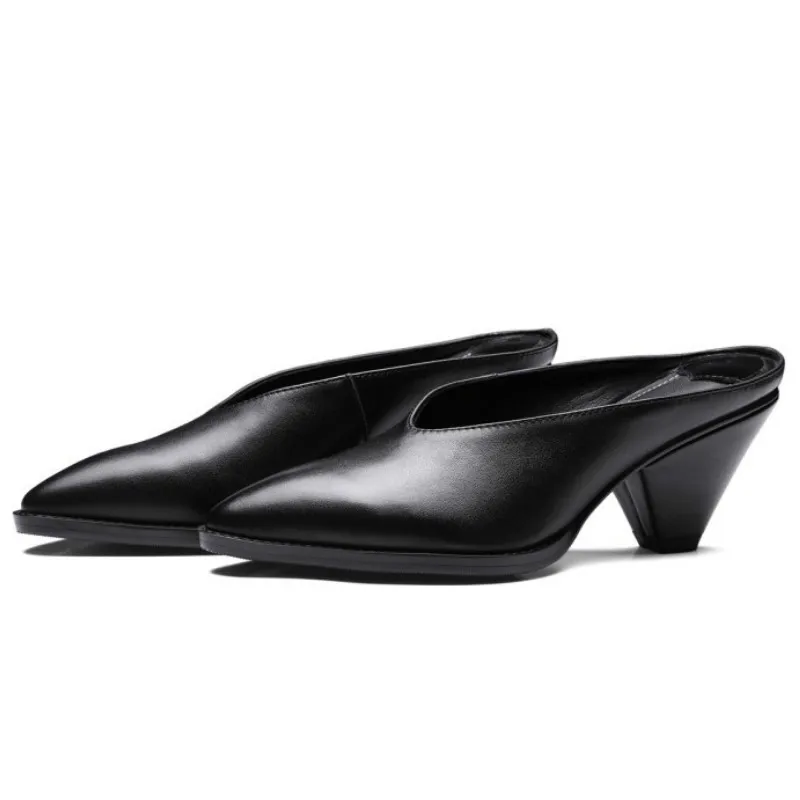 

top brand designer women genuine leather slides pumps 2017 black pointed toes med spike heels fashion ladies summer casual shoes