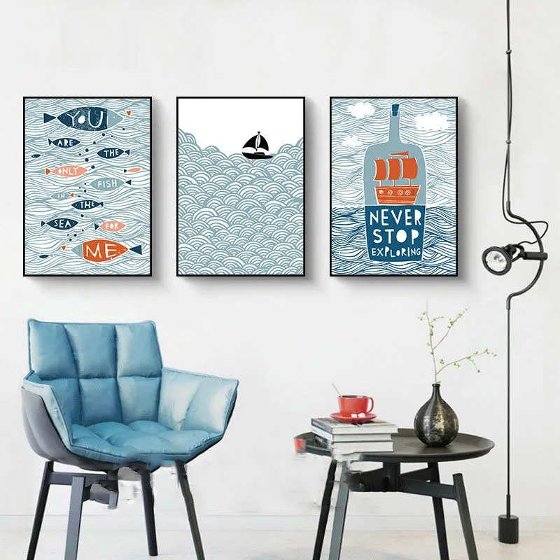 Nordic-Style-Quote-Canvas-Art-Prints-Cartoon-Fish-Boat-Sea-Painting-Poster-Cuadros-Wall-Pictures-For