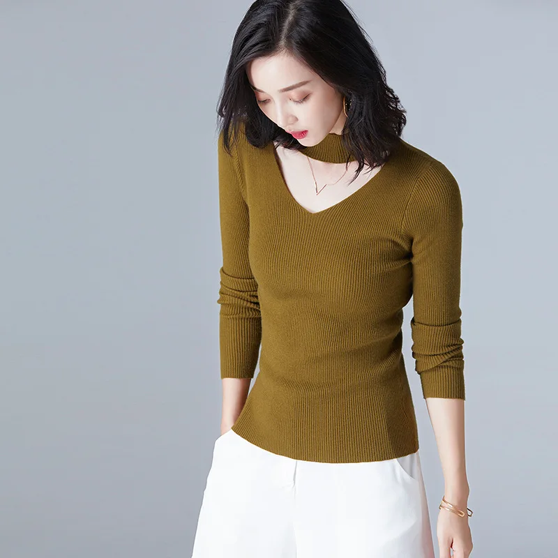 2018 autumn and winter new V-neck sweater wild slim slimming shirt long-sleeved slim pullover sweater women
