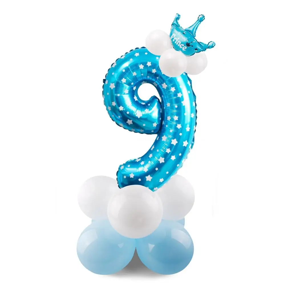 HUIRAN розовый и голубой номер воздушный шар из фольги шары Корона Декор ребенка душ принц принцесса балон с днем рождения поставки - Цвет: blue set 9