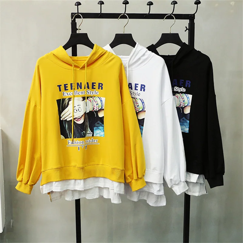 Autumn New Women Loose Hooded Sweatshirt Female Long Sleeve Sportwear Patchwork Blouse Pullover Printed Tops Harajuku Bts Hoodies