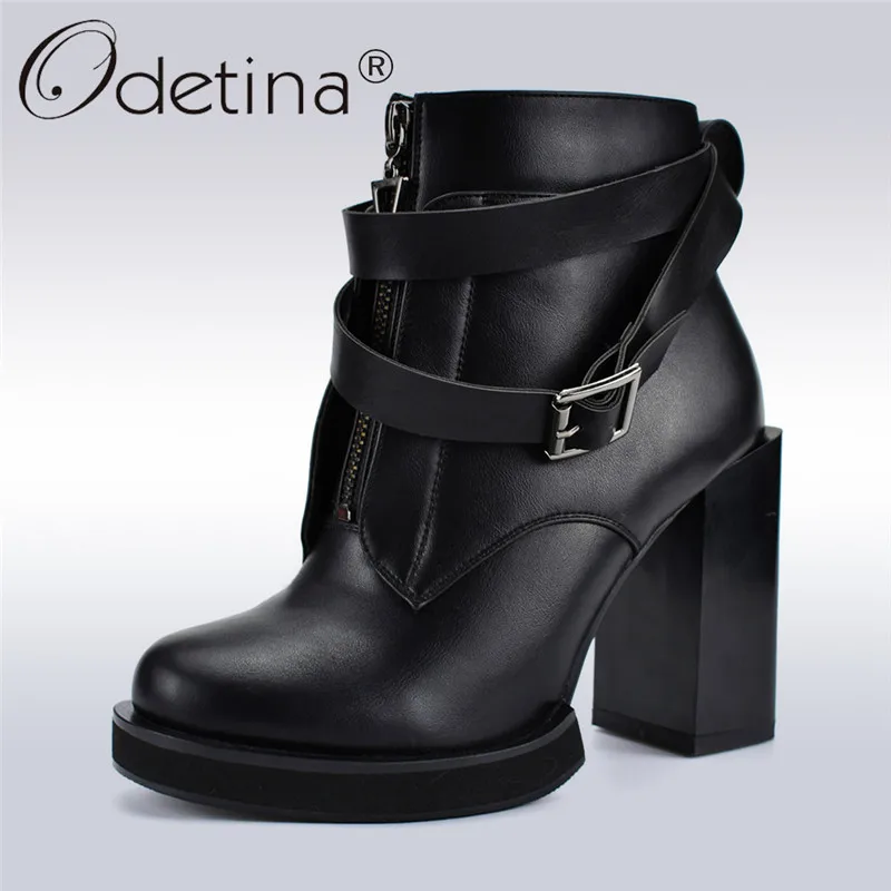 

Odetina Autumn Winter Designer Infront Zipper Ankle Boots For Women Fashion Buckle Strap Platform Square High Heels Women Boots
