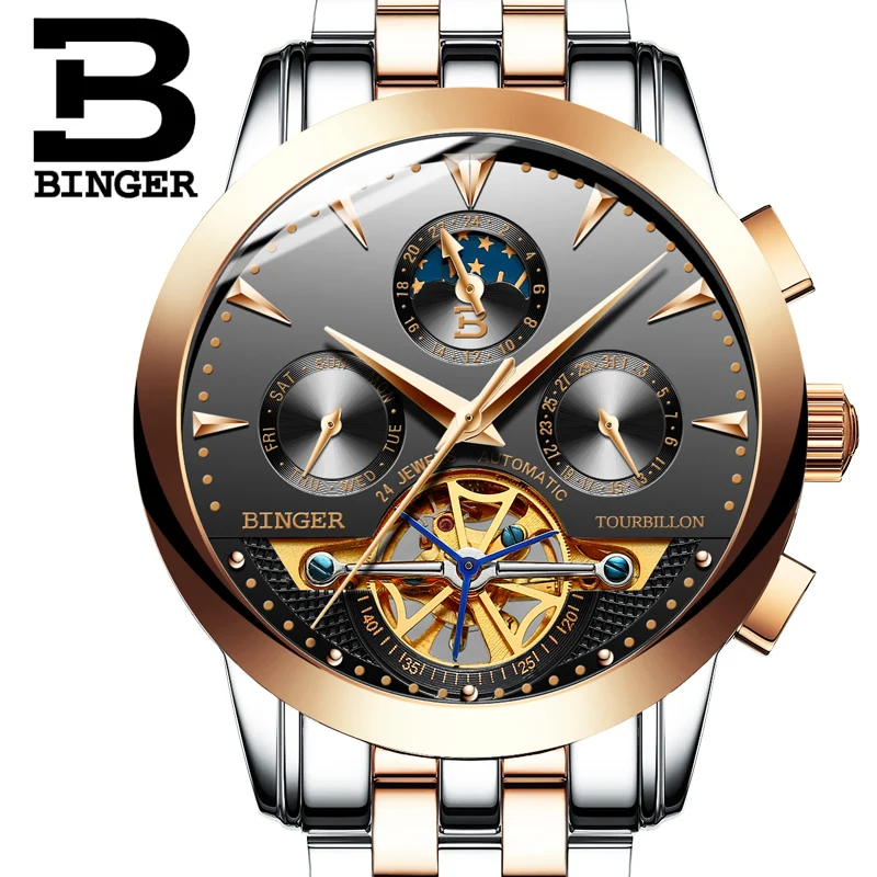 

Switzerland luxury men's watch BINGER brand Tourbillion Mechanical Wristwatches Sapphire full stainless steel Clock Male B1188-6