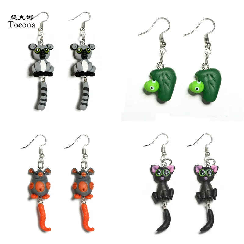 

Tocona Cute 3D Cartoon Raccoon Cat Worm Stud Earrings Handmade Polymer Clay Animal Earring Brincos for Women Jewelry