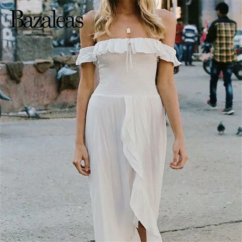 

Bazaleas Vintage Off shoulder Ruffles Summer dress White Beach Long Women Dress Fashion Split dress vestidos Drop shipping