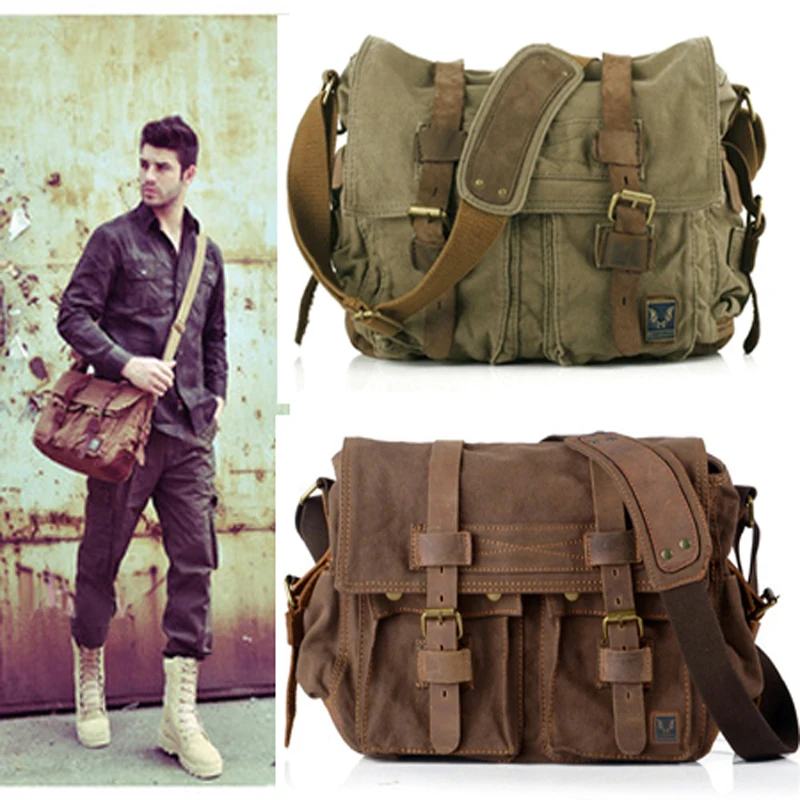 2018 Men/'s Vintage Canvas Leather Satchel School Military Shoulder Messenger Bag