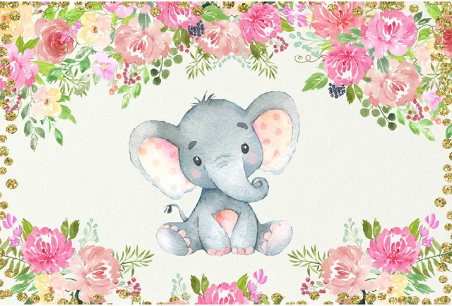7x5ft Gold Coins Pink Poeny Flowers Elephant Baby Shower Custom
