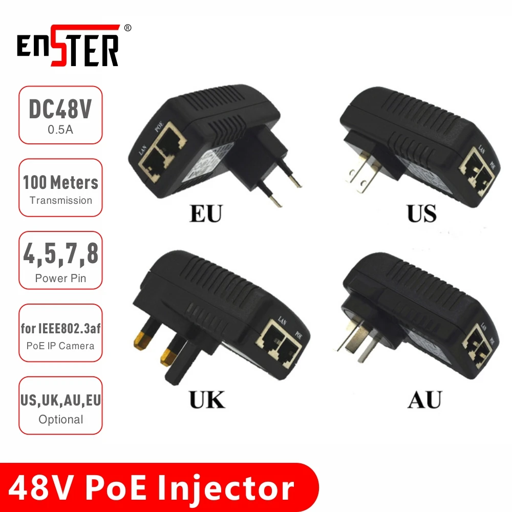 

ENSTER Wall Plug POE Injector with 48V Power Supply Power over Ethernet for Hikvision Dahua IEEE802.3af PoE IP Camera IP Phone