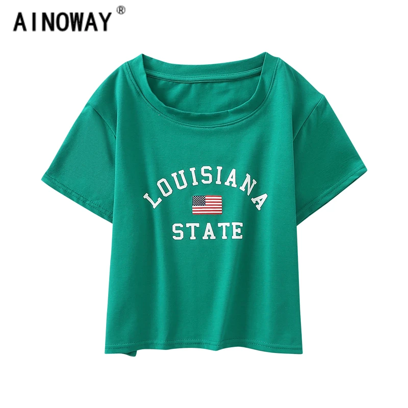 

Harajuku vintage fashion Women american flag print slim fit T-shirt punk Crop top cotton Elasticity dance t shirt female
