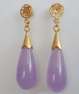 

wb001 Purple Lavender Jade Yellow Gold Plated Fortune Drop Earrings