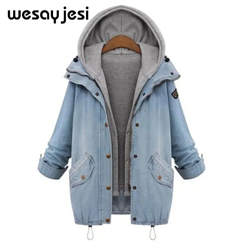 

Hooded Drawstring Boyfriend Trends Jean Swish Pockets Two Piece Coat 2018 Blue Long Sleeve Single Breasted Denim women Jacket