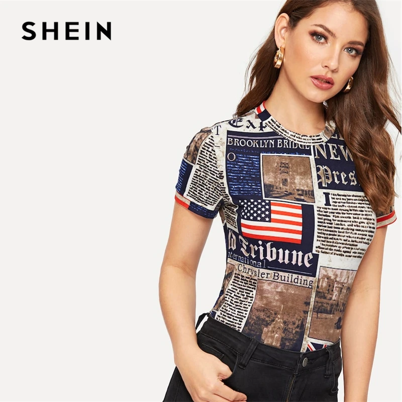 SHEIN متعدد الألوان Highstreet صحيفة إلكتروني طباعة شكل تركيب قصيرة الأكمام المحملة 2019 الربيع عارضة المرأة الحديثة سيدة التي شيرت أعلى