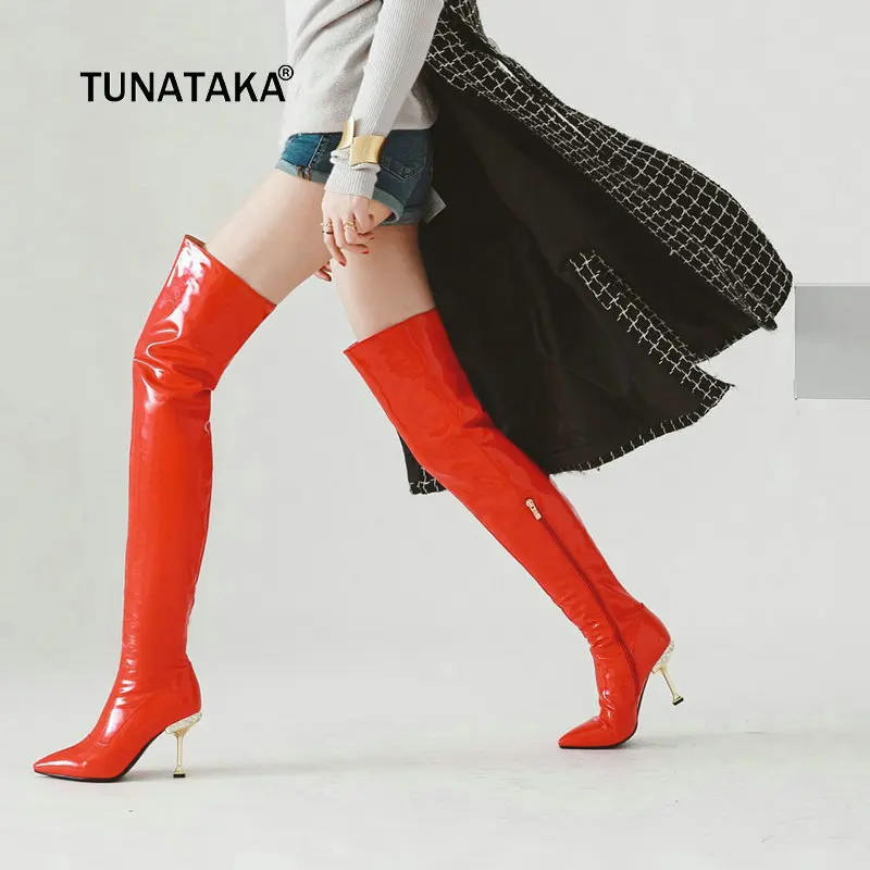 

Women Sexy Soft Patent Leather Thin High Heel Over the Knee Boots Fashion Zipper Pointed Toe Warm Winter Thigh Boots Black