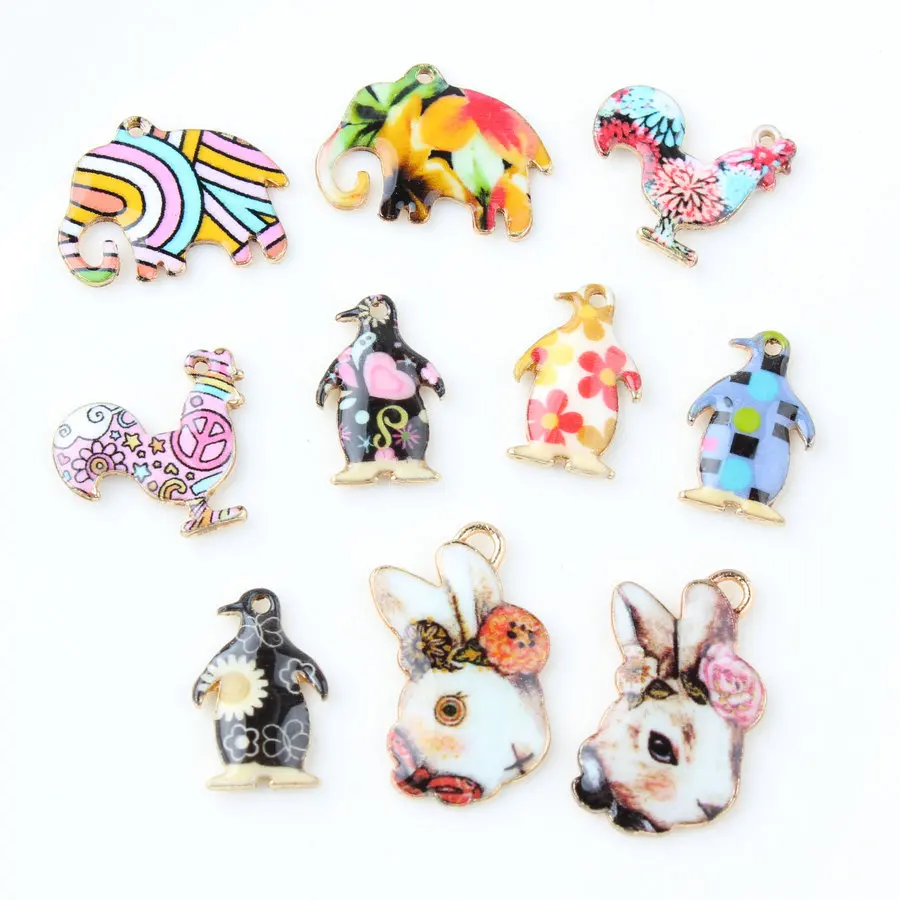 

Colorful Enamel Charms 50PCS/Lot Animal Elephant Rabbit Penguin Cock Alloy Jewelry Pendants Gold TOne Oil Drop Floating Charm