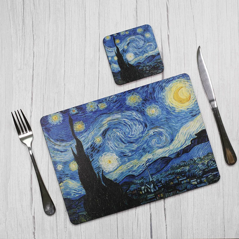 

Personalized Van Gogh Art Oil Painting Placemat Dining Table Cup Mat Cork Coaster Waterproof Pads Customized Party Decoration