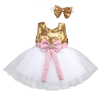 

2019 Girls Dresses Summer Kids Baby Girls Princess Sequins Bowknot Party Wedding Formal Ball Gown Dress Handband 2pcs