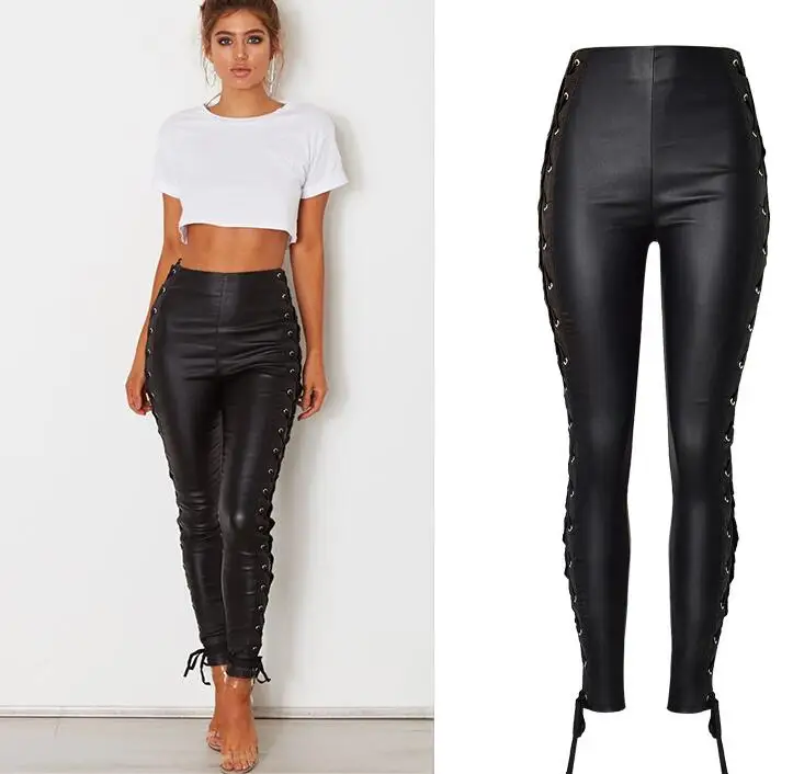 

European&American high-waisted stretch leather pants Chic bandage PU pencil pants Fashion women's slim fit trousers
