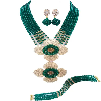 

Fashion Teal Green Statement Necklace Nigerian Wedding African Beads Jewelry Set Crystal Bridal Jewelry Sets 6DHJZ02
