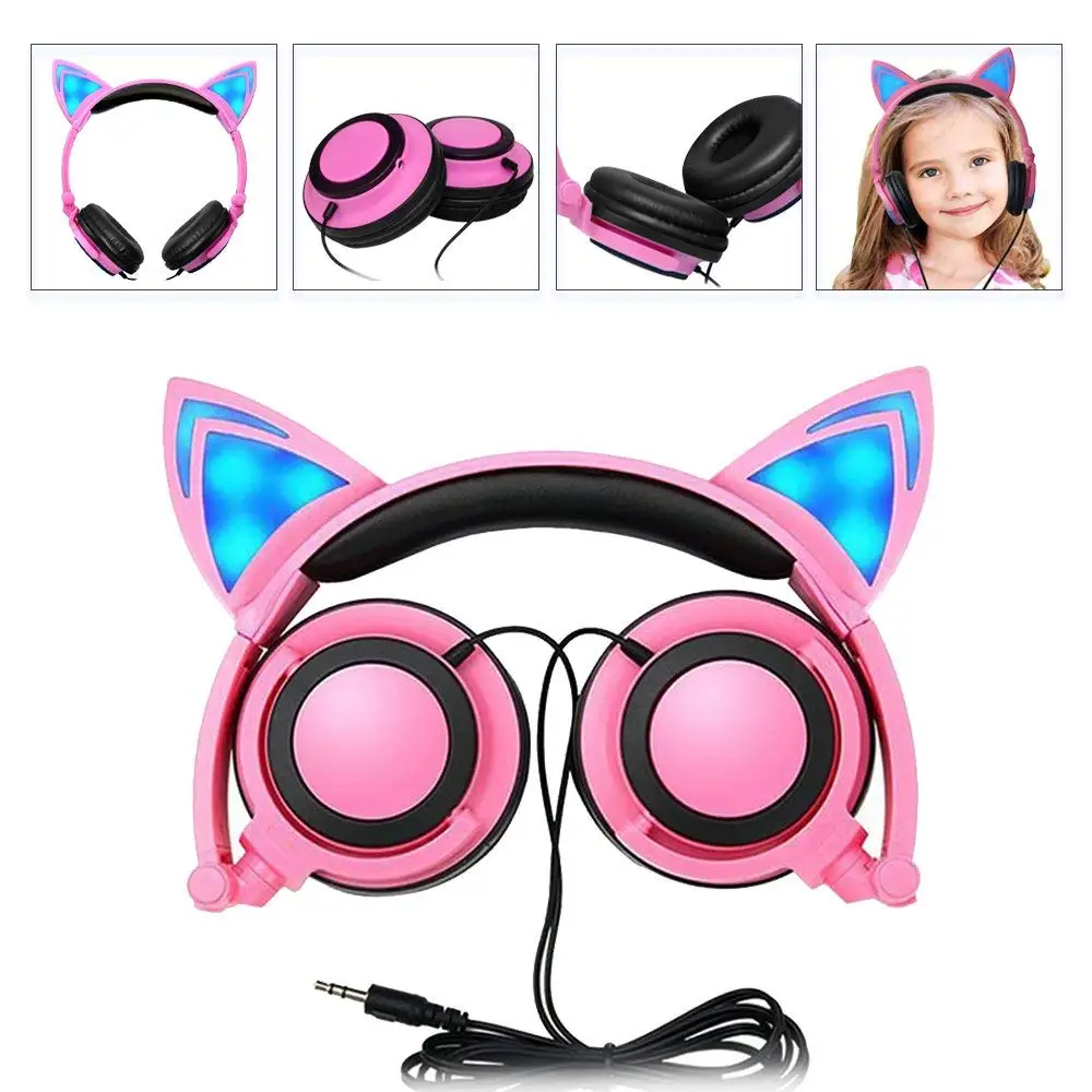 

Cat Led Ear Headphones Foldable Wired Over Ear Kids Headphone with Glowing Light for Girls Children Cosplay Fans Headset