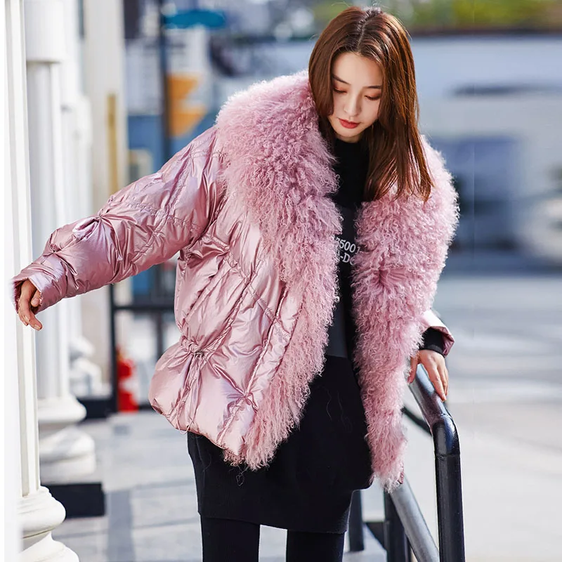 

Women's Winter Silver White Duck Down Jacket Glossy New 2019 Big Real Fur Collar Pink Blue Warm Parkas For Female Short Coats