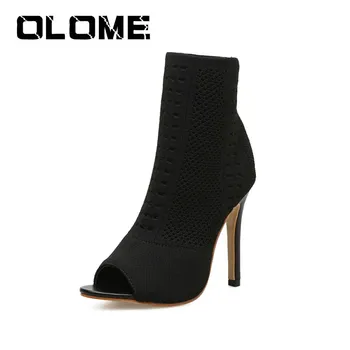 

OLOME Brand Shoes European Short Boots Spring Hollowed Fishmouth Wool Socks Boots Super High Heels Women's Cool Boots