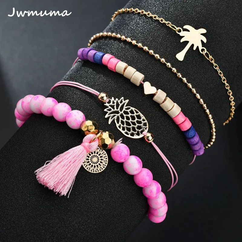 

New Fashion Hollow Pineapple Beaded Bracelet Set Fringed Woven Women's Bracelet Metal Alloy Jewelry for Women Gift Wholesale