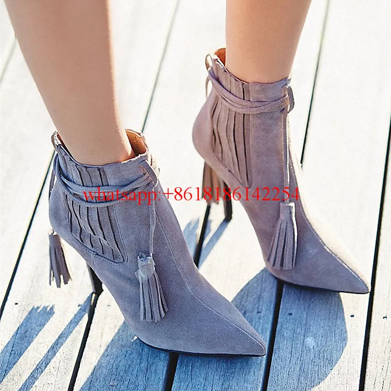 Women Tassel Martin Boots Elastic Band Ankle Boots Female Spring and Autumn Pointed-toe Boots Suede Leather Boots Femenino