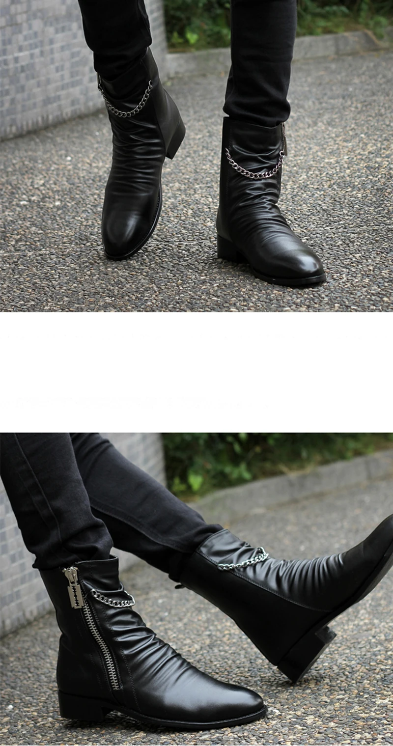 Панк винтажные мотоботы осень металлик острый носок Для мужчин коренастый черный зима рок Британский Стиль искусственная обувь на меху