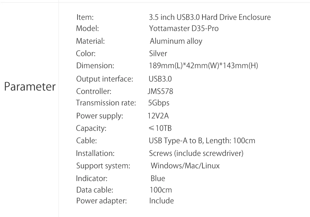 Yottamaster D35 высококачественный корпус для жесткого диска USB 3,0 на SATA с одним отсеком Внешний чехол для жесткого диска док-станция для 3,5 HDD поддержка UASP 8 ТБ