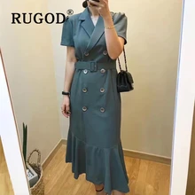 RUGOD Новое двубортное женское длинное платье корейские оборки тонкие летние кружевные платья женские модные платья