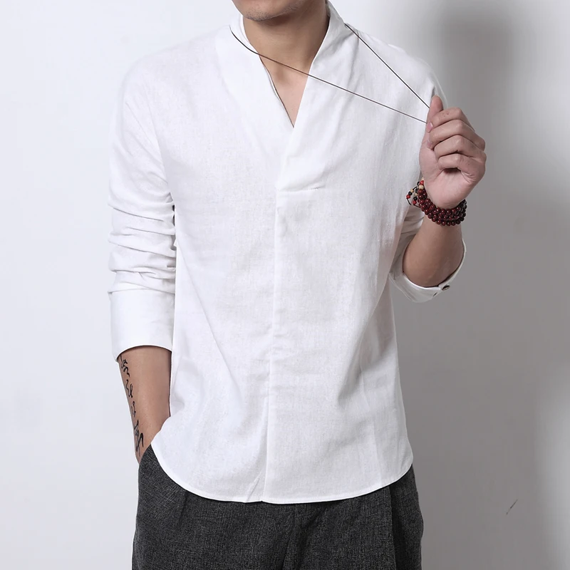 

Brand Men Linen Shirts Chinese Style Mandarin Collar Traditional Kung Fu Tang Casual Social Shirt Soft Loose Summer Clothing
