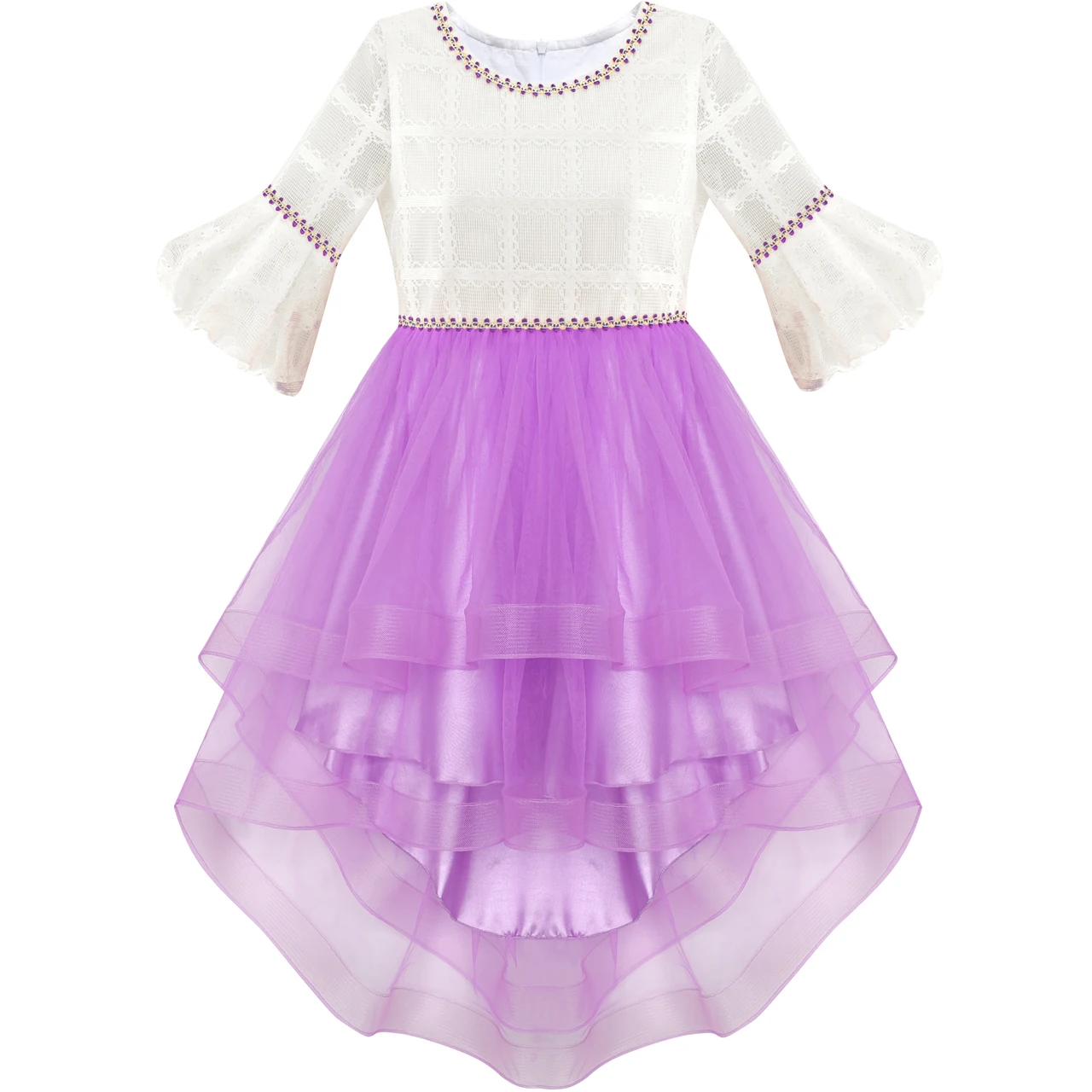 

Flower Girl Dress White and Purple Hi-Lo Party Dancing Pageant 2018 Summer Princess Wedding Dresses Girl Clothes Size 6-14