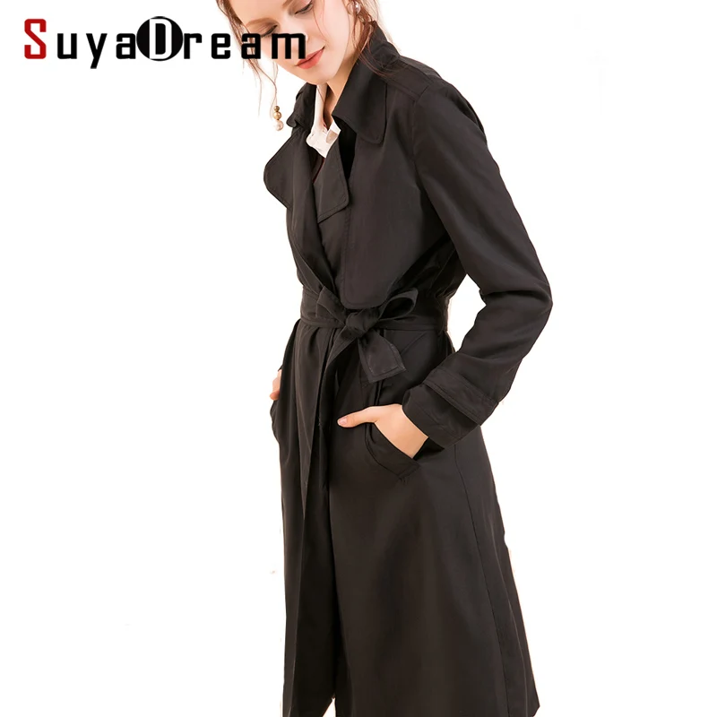 SuyaDream женский Шелковый Тренч натуральный шелк черный длинный офисный Тренч с поясом осенне-зимнее пальто