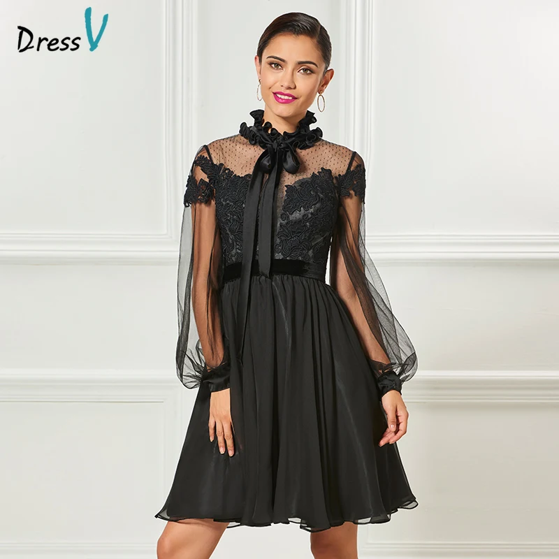 Dressv черное элегантное коктейльное платье с высоким воротом длинными рукавами