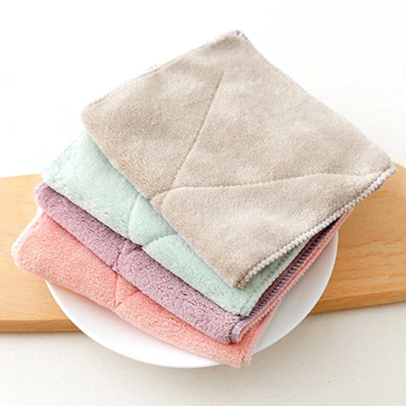 

5 Pcs Plain Color Microfiber Double-ulb Cleaning Cloth Thickening Without Lint Non-stick Oil Dish Towel Kitchen Dish Cloth