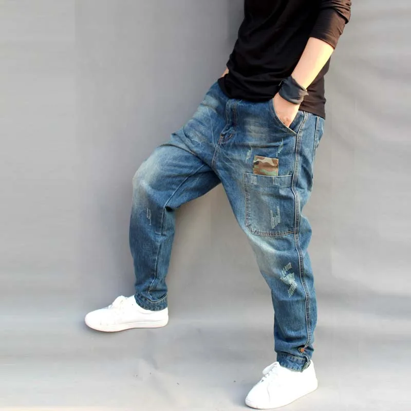 Mens Jeans Casual Joggers Plus Size Hip Hop Harem Denim Pants Camouflage Patchwork Quality Trousers Blue M-6XL