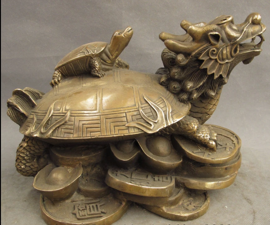 

003617 12" Chinese Bronze Copper Longevity Shou Dragon Turtle On Coin YuanBao Statue