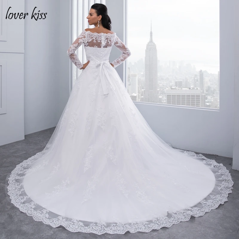 Lover Kiss vestidos de noiva Свадебные платья с длинными рукавами и открытыми плечами кружевной вырез лодочкой свадебное платье плюс белый пояс халат de mariage