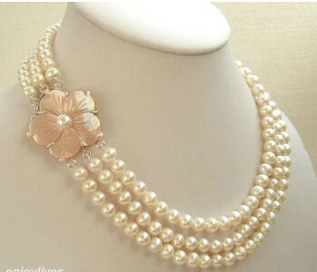 

bjc 000854 3 Rows Genuine White Pearl White Gold Plated Shell Flower Clasp Necklace
