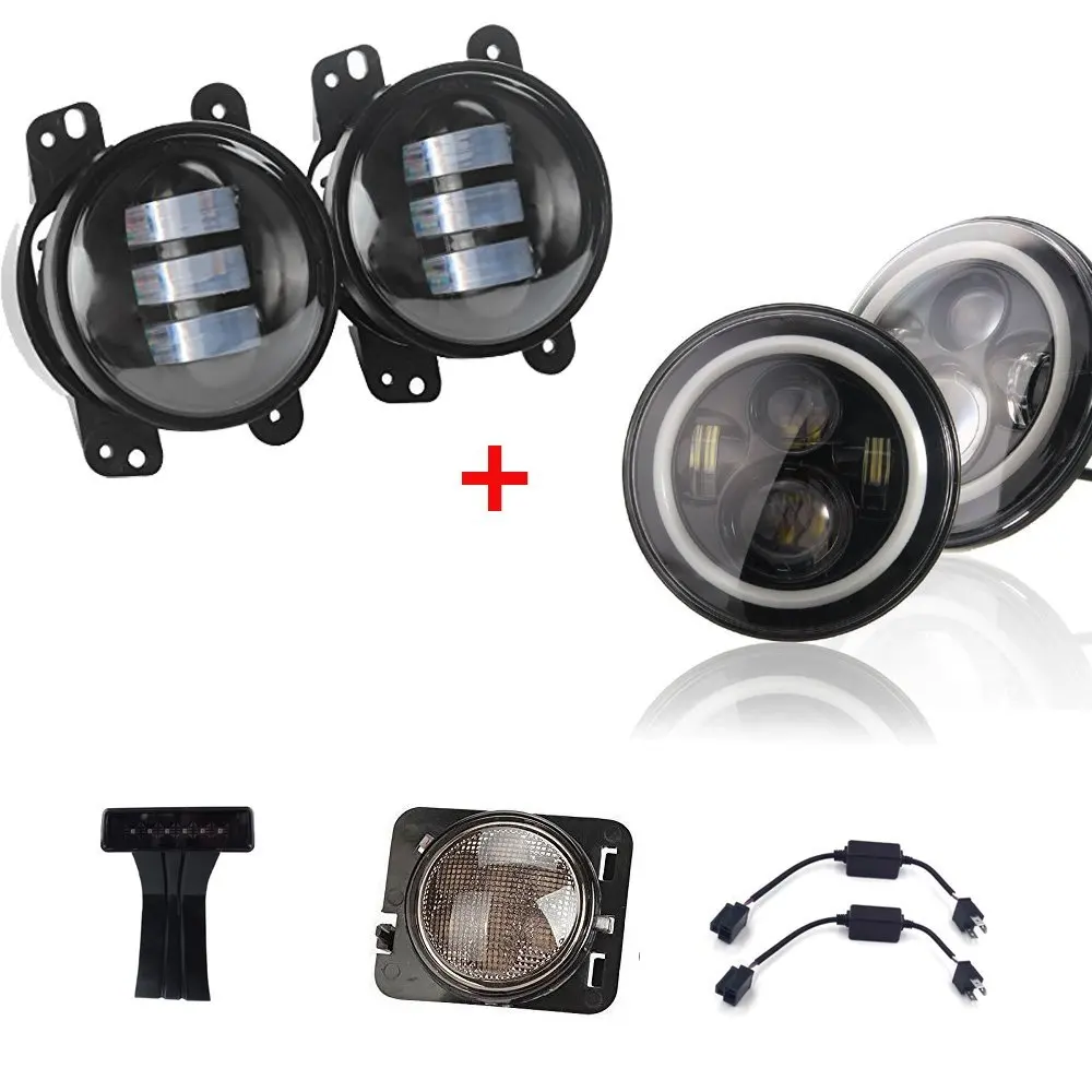 

Pair 4" 30w Led Fog Lights + 7" Round LED Headlight + LED Third Brake Lights + Side Maker Lights For Jee-p Wrangler JK TJ CJ FJ